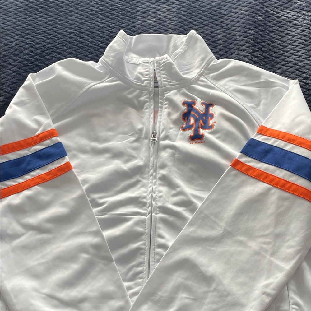 White Jacket with Orange and Blue Stripes